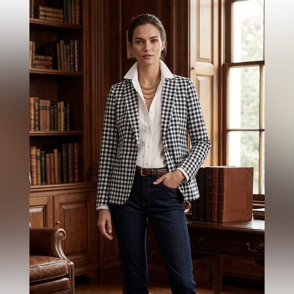 J. Crew Jackets & Blazers - J. Crew Holland‎ Blazer Linen Blend Navy White Gingham Size 4 Lined Preppy